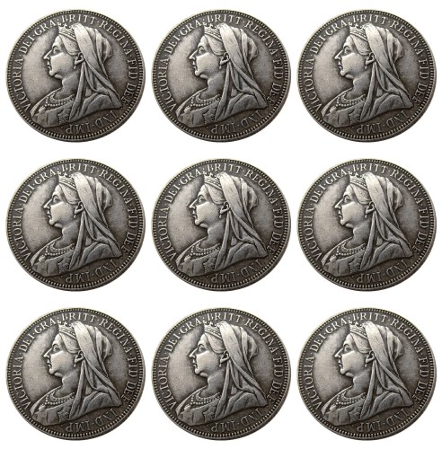 Full Set (1893-1901) 9pcs Queen Victoria Great Britain Silver 1 Florin Silver Plated Copy Coins