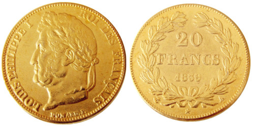 France Louis-Philippe 1839A 20 France Gold Plated Copy Coin