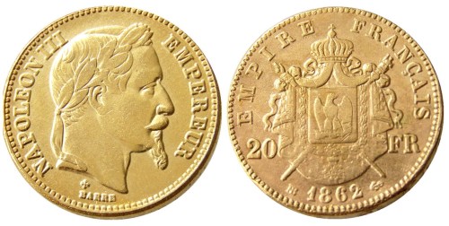 France Napoleon  20 France 1862B Gold Plated Copy Coin