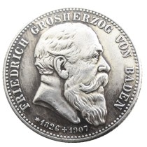 1907 German States BADEN 2 Mark Silver Plated copy Coin