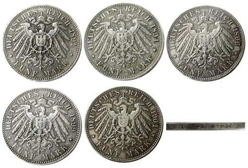 A Set Of(1891-1901) 5pcs GERMAN STATES BADEN - 5 mark Silver Plated Copy coin