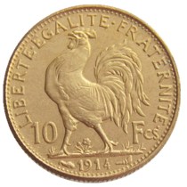 France 1914 10 Francs Rooster Gold Plated Copy Coin