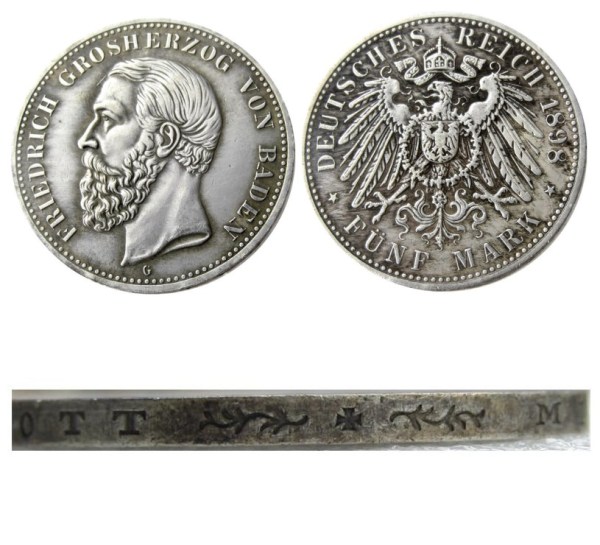 1898 GERMAN STATES BADEN - 5 mark Silver Plated Copy coin