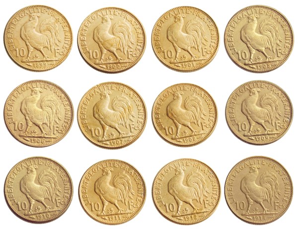 France A Set Of(1899-1914)12pcs 10 Francs Rooster Gold Plated Copy Coin