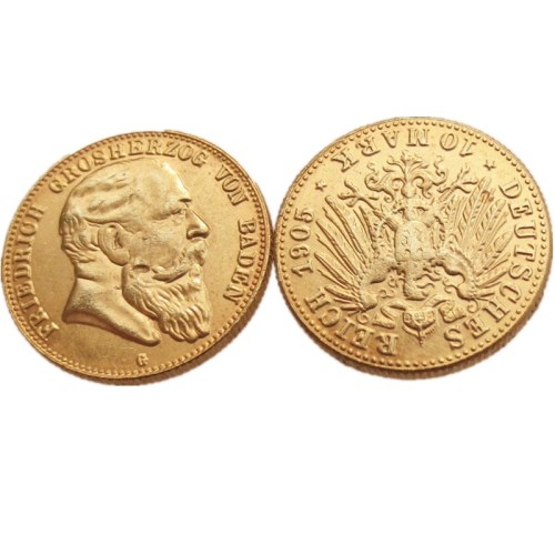 German States 1905 BADEN 10 Mark Gold Plated Copy Coins