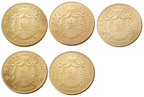 France 1862 B - 1869 B 5pcs Napoleon III 100 Francs Gold Plated Copy Coin