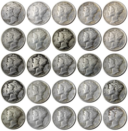 US 1916-1945 S 25PCS Mercury Head Ten Cents(Dimes) Silver Plated Copy Coin