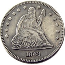 US 1863 SEATED LIBERTY QUARTER DOLLARS Silver Plated Coins COPY