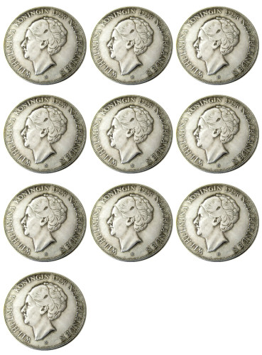 Netherlands,A Set Of(1929-1943) 10pcs 2 1/2 Gulden Wilhelmina Silver Plated Copy Coin