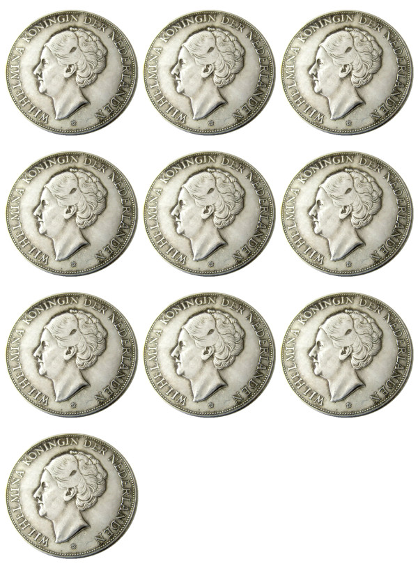 Netherlands,A Set Of(1929-1943) 10pcs 2 1/2 Gulden Wilhelmina Silver Plated Copy Coin