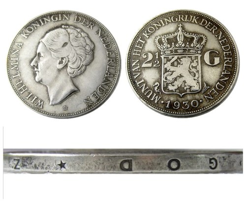 Netherlands 2 1/2 Gulden 1930 Wilhelmina Silver Plated Copy Coin