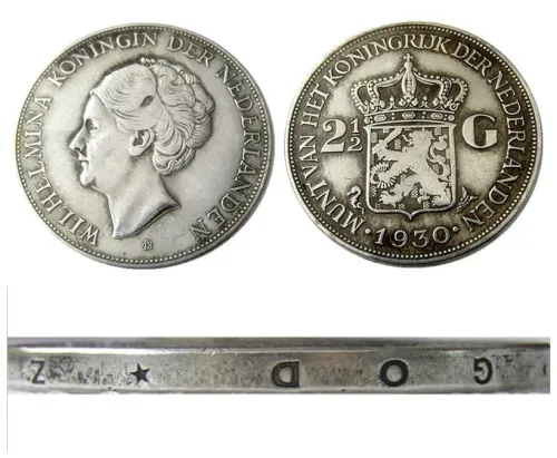 Netherlands 2 1/2 Gulden 1930 Wilhelmina Silver Plated Copy Coin