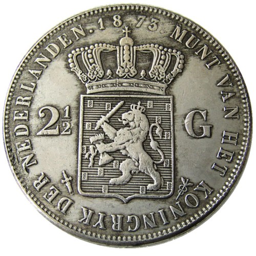 Netherlands 2 1/2 Gulden 1873 Willem lll Silver Plated Copy Decorative Coin