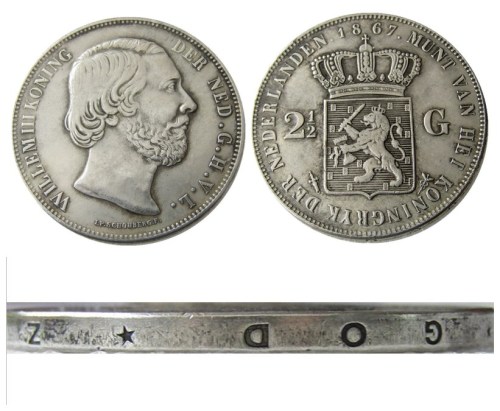 Netherlands 2 1/2 Gulden 1867 Willem lll Silver Plated Copy Decorative Coin