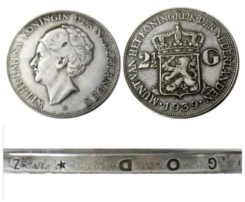 Netherlands 2 1/2 Gulden 1939 Wilhelmina Silver Plated Copy Coin