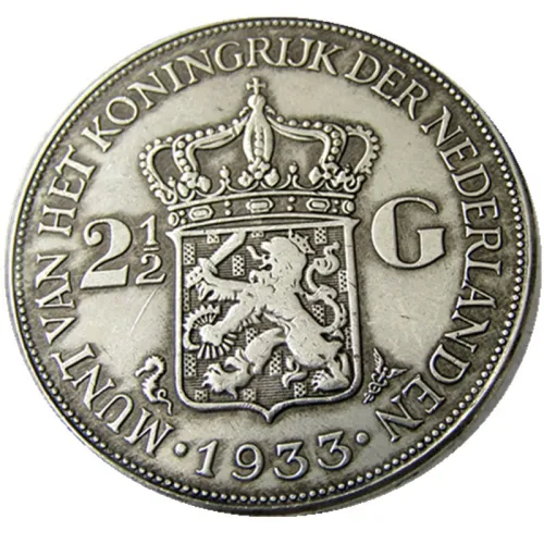 Netherlands 2 1/2 Gulden 1933 Wilhelmina Silver Plated Copy Coin