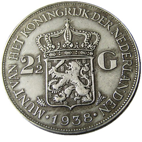 Netherlands 2 1/2 Gulden 1938 Wilhelmina Silver Plated Copy Coin