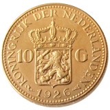 Netherlands 1926 Wilhelmina I, 10 Gulden Gold Plated Copy Coin