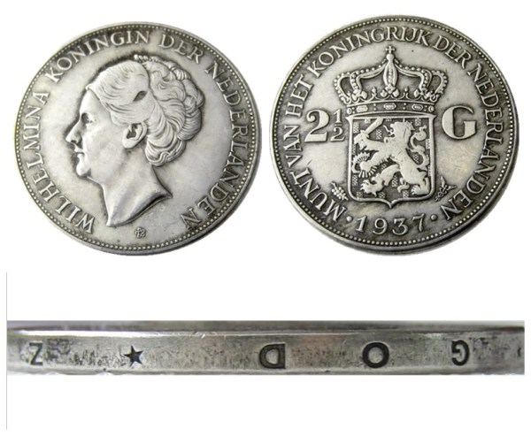 Netherlands 2 1/2 Gulden 1937 Wilhelmina Silver Plated Copy Coin