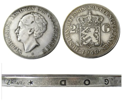 Netherlands 2 1/2 Gulden 1940 Wilhelmina Silver Plated Copy Coin