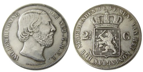 Netherlands 2 1/2 Gulden 1854 Willem lll Silver Plated Copy Decorative Coin