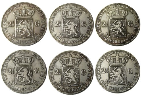 Netherlands,A set of 1852-1873 6pcs 2 1/2 Gulden Willem lll Silver Plated Copy Decorative Coin