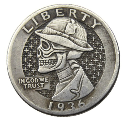 W(01)Hobo Creative 1936 Washington Quarter Dollars skull zombie skeleton hand carved Copy Coins