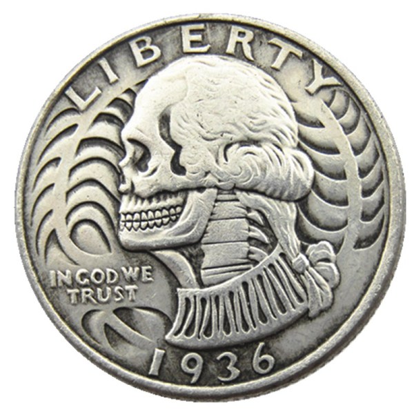 W(05)Hobo Creative 1936D Washington Quarter Dollars skull zombie skeleton hand carved Copy Coins