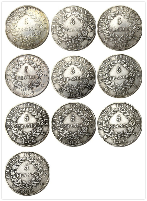 France 5 Francs 1810A-W 10pcs Different Mintmark Silver Plated Copy Coins