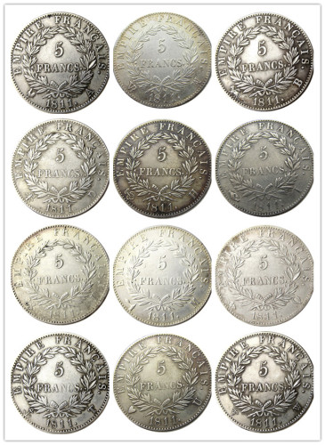 France 5 Francs 1811A-T 12pcs Different Mintmark Silver Plated Copy Coins