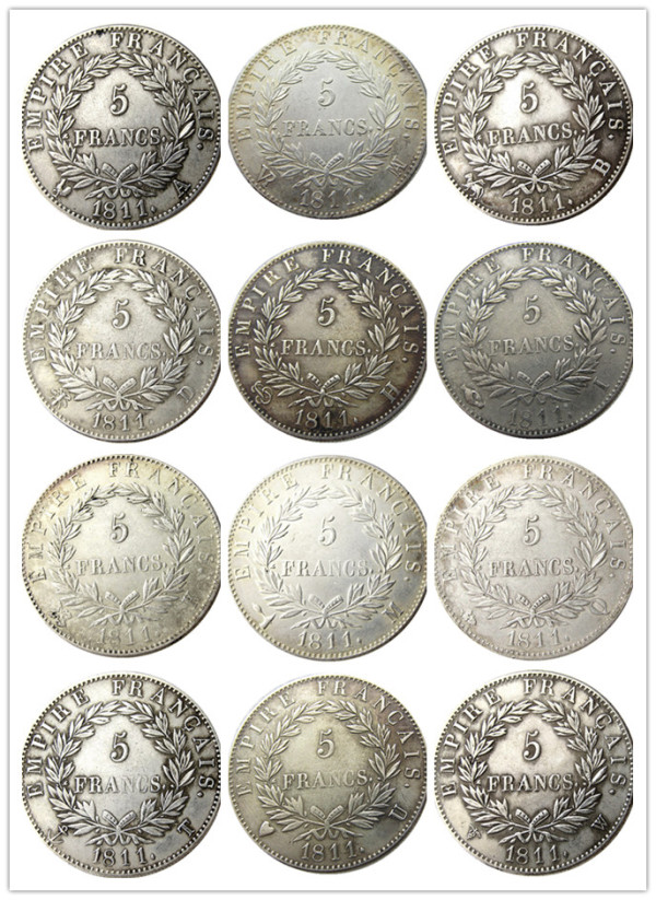 France 5 Francs 1811A-T 12pcs Different Mintmark Silver Plated Copy Coins