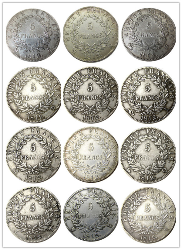 France 5 Francs 1812A-T 12pcs Different Mintmark Silver Plated Copy Coins
