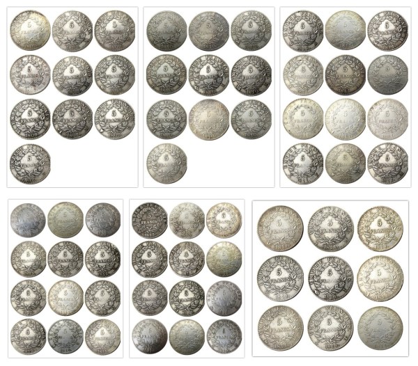 France 5 Francs 1809-1814 A-U 65pcs Different Mintmark Silver Plated Copy Coins