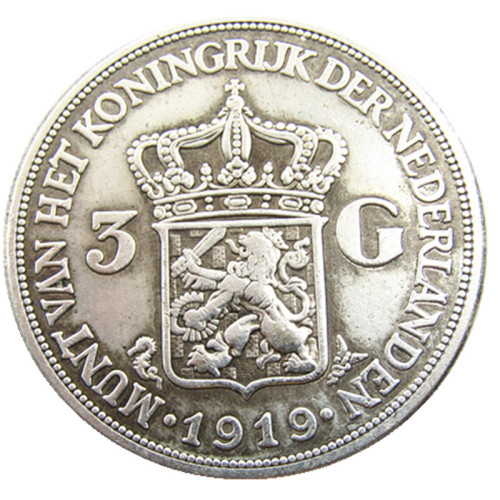 Netherlands,1919 3 Gulden Wilhelmina I Silver Plated Copy Coin(38mm)