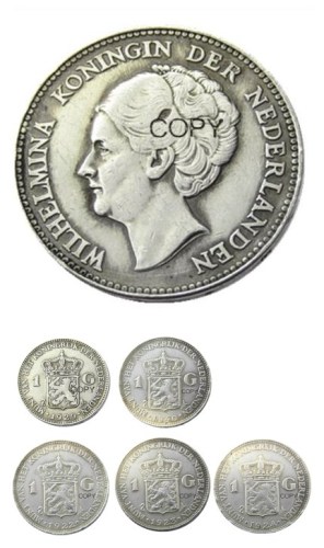 Netherlands,A Set Of(1922-1940) 5pcs 1 Gulden Wilhelmina I Silver Plated Copy Decorative Coin
