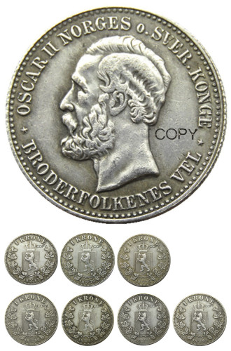 A set of (1877-1904) 7pcs Norway 1 Kroner Silver Foreign Coin Silver Plated Copy Coins