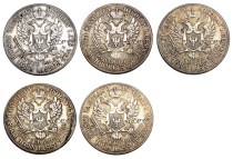 Poland A set of(1830-1834) 5pcs 5 Zlotych Silver Plated Coins Copy