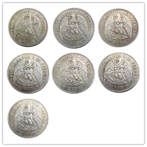Chile A Set Of(1875- 1891) 7pcs 1PESO Silver Plated Copy Coins