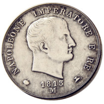 ITALIAN STATES, KINGDOM OF NAPOLEON, Napoleon I, 5 Lire, 1813M Silver Plated Copy Coin ITALIAN STATES, KINGDOM OF NAPOLEON, Napoleon I, 5 Lire, 1813M Silver Plated Copy Coin