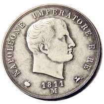 ITALIAN STATES, KINGDOM OF NAPOLEON, Napoleon I, 5 Lire, 1811M Silver Plated Copy Coin