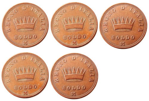 A Set of (1808-1813) 5PCS ITALIAN ST Kingdom Of Napoleon I 1 SOLDO Made in Copper Copy Coins