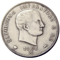ITALIAN STATES, KINGDOM OF NAPOLEON, Napoleon I, 5 Lire, 1808M Silver Plated Copy Coin