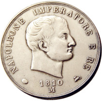 ITALIAN STATES, KINGDOM OF NAPOLEON, Napoleon I, 5 Lire, 1810M Silver Plated Copy Coin