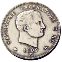 ITALIAN STATES, KINGDOM OF NAPOLEON, Napoleon I, 5 Lire, 1809M Silver Plated Copy Coin