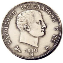 ITALIAN STATES, KINGDOM OF NAPOLEON, Napoleon I, 5 Lire, 1810B Silver Plated Copy Coin