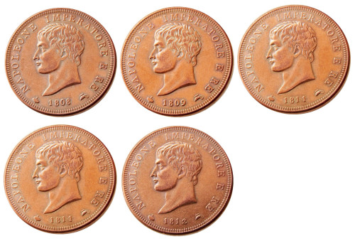 A Set of (1808-1813) 5PCS ITALIAN ST Kingdom Of Napoleon I 1 SOLDO Made in Copper Copy Coins
