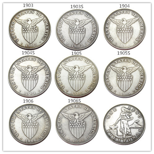 PHILIPPINES 1 Peso A set of (1903-1906)-P-S 8pcs Crown Silver Plated Copy Coins