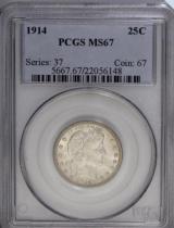 US Coin PCGS 1914 MS67 Barber Quarter Dollar Silver Coins Currency Senior Transparent Box
