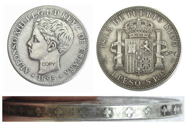 Puerto rico 1895 / 1897  1 Peso Silver Plated Copy Coins