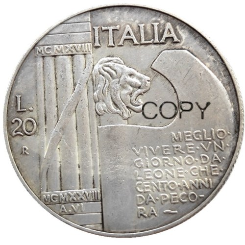 MORUZZI - VICTOR EMMANUEL III 1900-1943 20 LIRE Elmetto 1943 Silver Plated Copy Coins